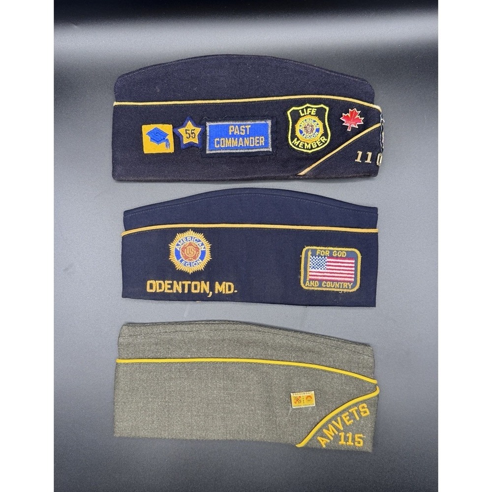 3-Vtg American Veterans (AMVETS) Garrison Style Hat Cap w/Various Pins & Patches
